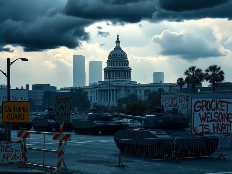 Flick International Dramatic urban landscape of Los Angeles under stormy skies with shadows of National Guard tanks