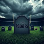 Flick International Dramatic football field scene under a stormy sky with tombstone for Aaron Rodgers
