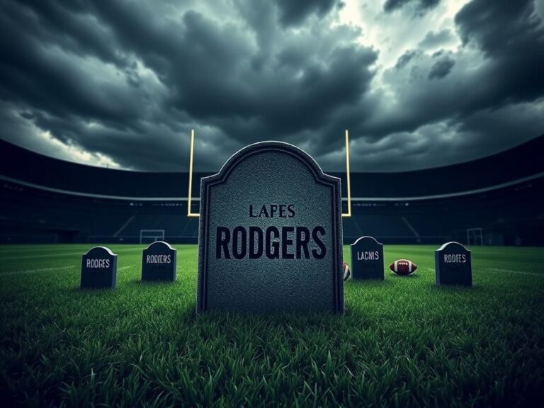Flick International Dramatic football field scene under a stormy sky with tombstone for Aaron Rodgers