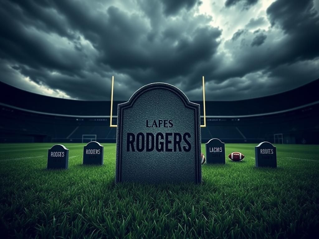 Flick International Dramatic football field scene under a stormy sky with tombstone for Aaron Rodgers