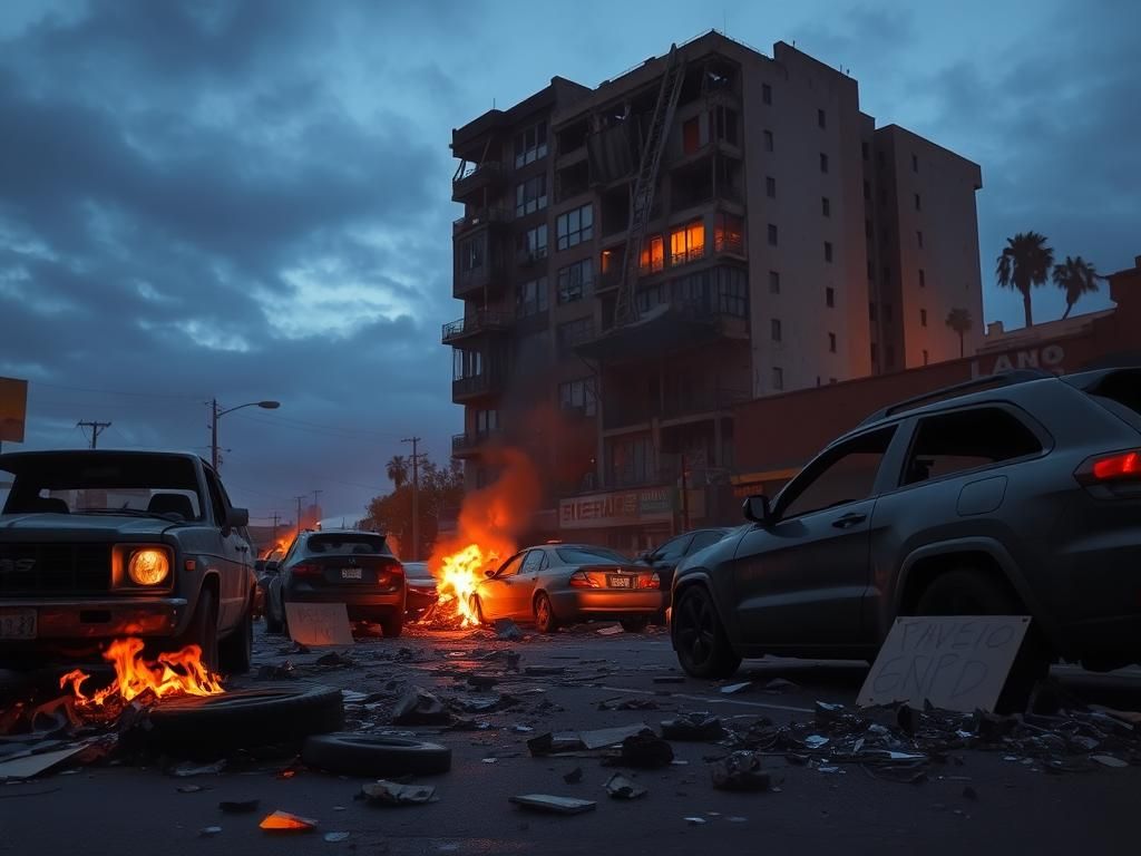 Flick International Aftermath of a riot in Los Angeles with burned vehicles and debris