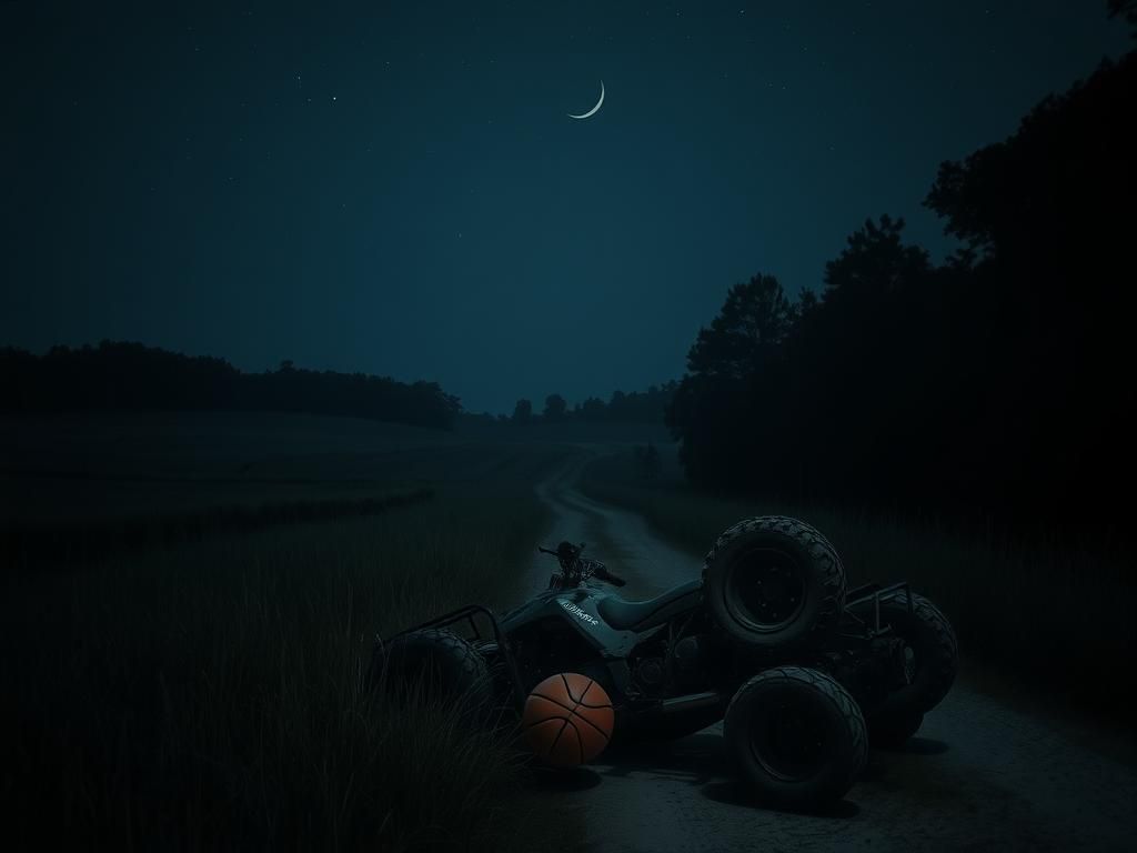 Flick International A dimly lit Mississippi landscape at night featuring a toppled ATV near a winding dirt road.