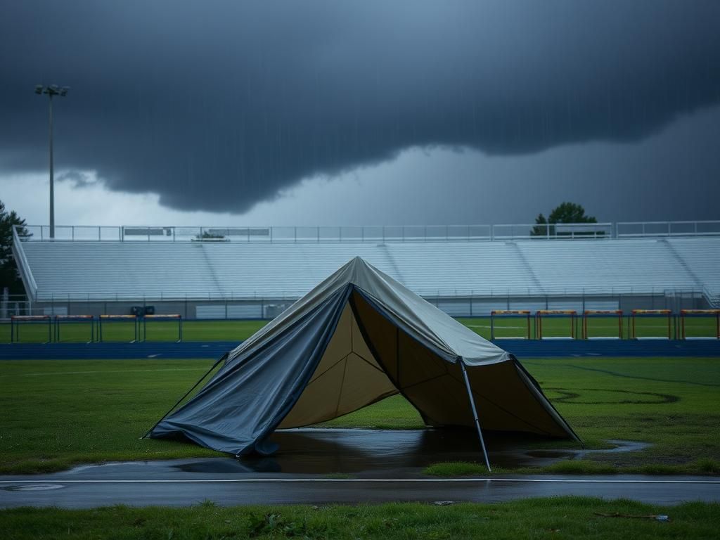 Flick International A somber view of an empty high school athletic field at a track meet in Frisco, Texas, following the tragic stabbing incident involving Austin Metcalf.