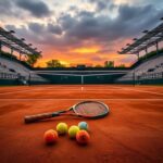 Flick International Abandoned tennis racket and colorful balls on a clay court after Coco Gauff's French Open victory