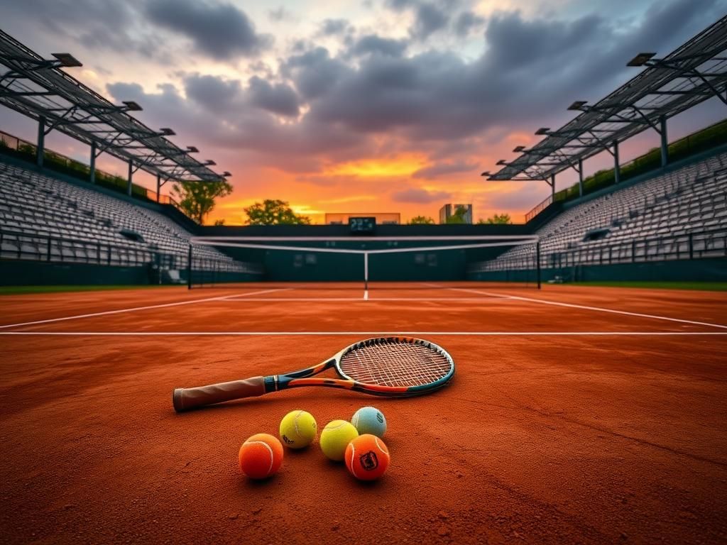 Flick International Abandoned tennis racket and colorful balls on a clay court after Coco Gauff's French Open victory