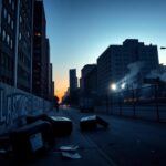 Flick International Urban landscape at dusk in Los Angeles with overturned trash cans and graffiti reflecting recent riots