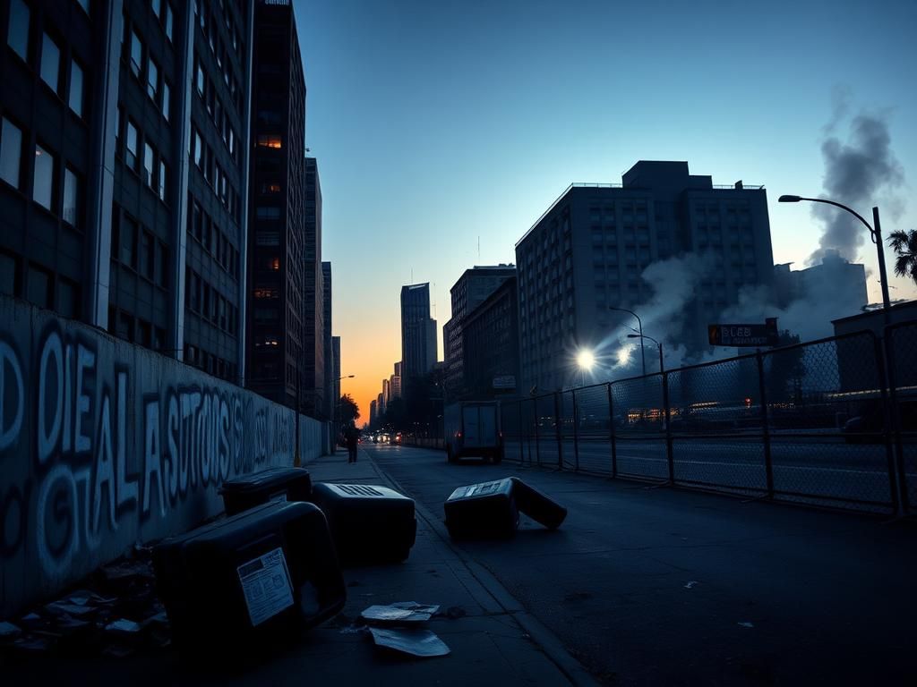 Flick International Urban landscape at dusk in Los Angeles with overturned trash cans and graffiti reflecting recent riots