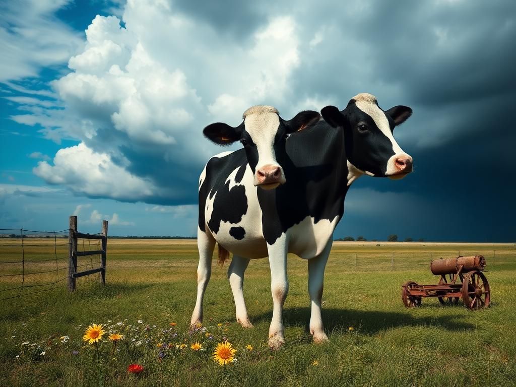 Flick International Tense black and white Holstein cow standing in Texas ranch landscape