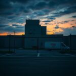 Flick International Dramatic exterior of a deserted immigration detention facility in Newark under a moody twilight sky