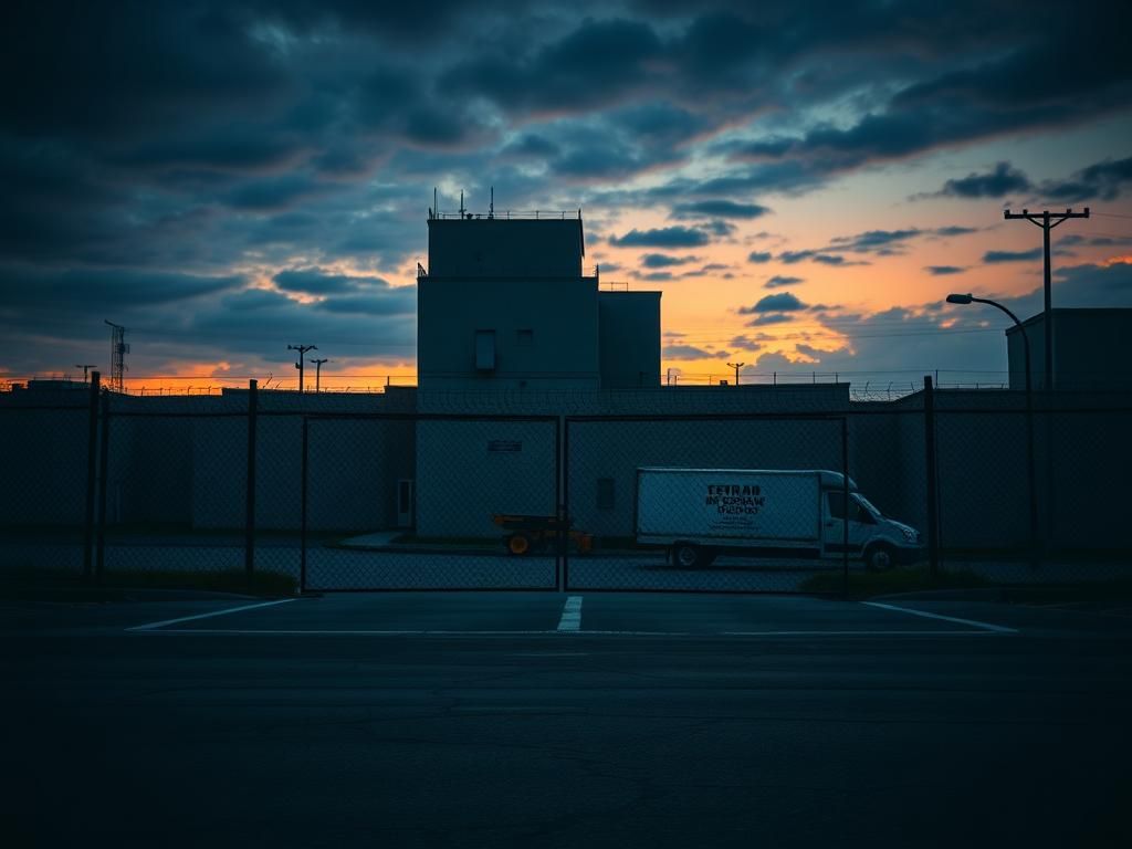 Flick International Dramatic exterior of a deserted immigration detention facility in Newark under a moody twilight sky
