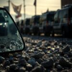 Flick International Shattered law enforcement vehicle window at Omaha protest scene
