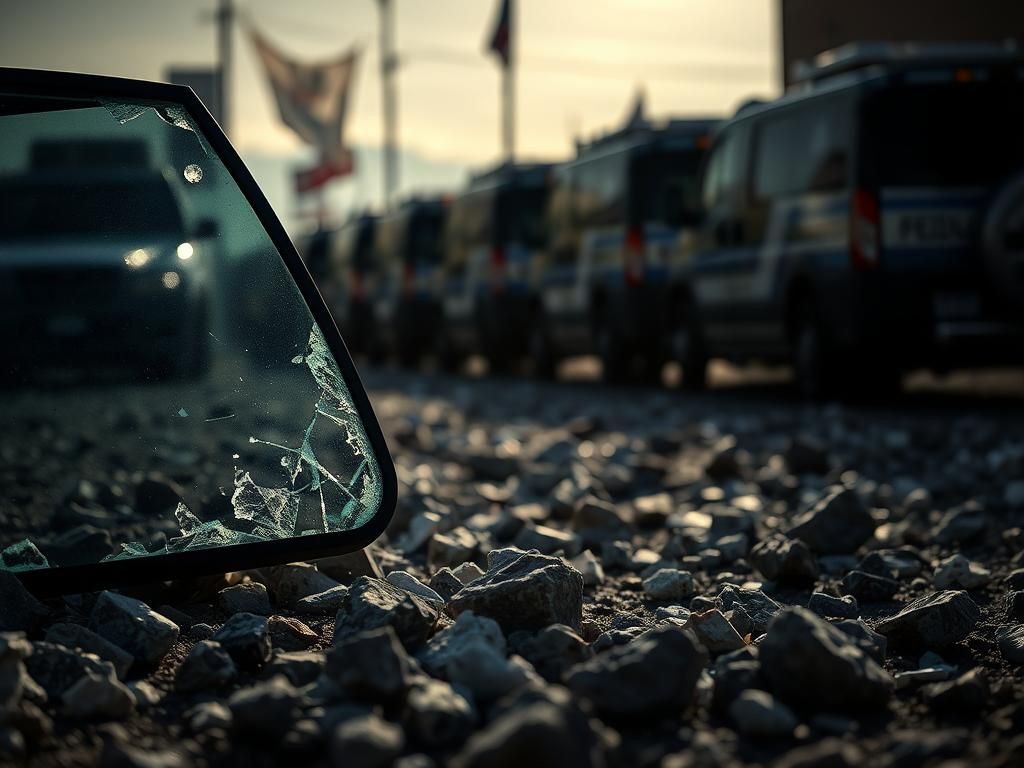 Flick International Shattered law enforcement vehicle window at Omaha protest scene