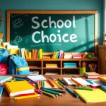 Flick International A vibrant school environment showcasing colorful school supplies on a wooden table with a chalkboard saying 'School Choice'.