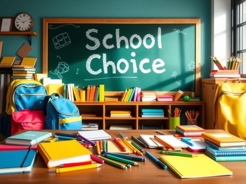 Flick International A vibrant school environment showcasing colorful school supplies on a wooden table with a chalkboard saying 'School Choice'.