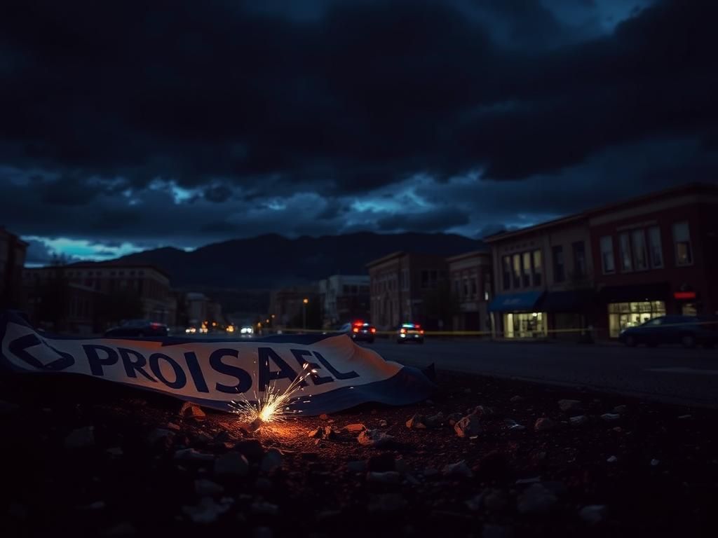 Flick International Dark cityscape of Boulder, Colorado, depicting fragments of a pro-Israel banner and debris hinting at chaos after the recent terror attack