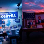 Flick International Vibrant Democratic campaign office for Mikie Sherrill contrasted with a Republican setup for Jack Ciattarelli during NJ gubernatorial primary