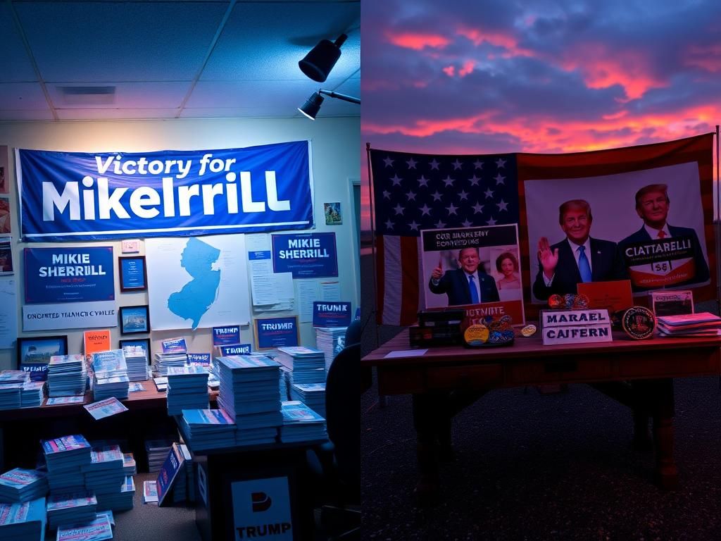 Flick International Vibrant Democratic campaign office for Mikie Sherrill contrasted with a Republican setup for Jack Ciattarelli during NJ gubernatorial primary