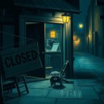 Flick International A chaotic scene inside a small-town business with overturned chairs and a raccoon darting away