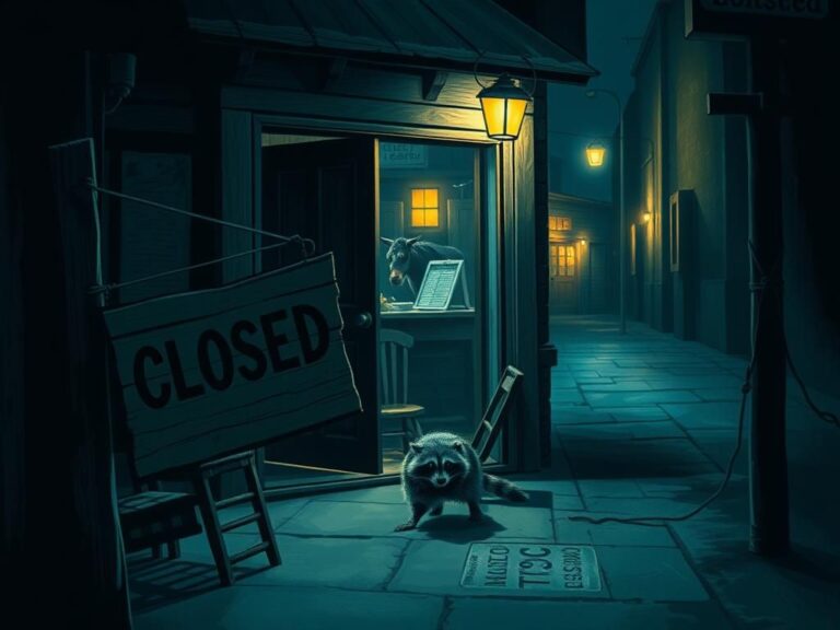 Flick International A chaotic scene inside a small-town business with overturned chairs and a raccoon darting away