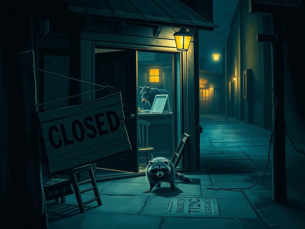 Flick International A chaotic scene inside a small-town business with overturned chairs and a raccoon darting away