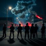 Flick International A tense urban scene in Los Angeles with police officers and protesters amidst unrest