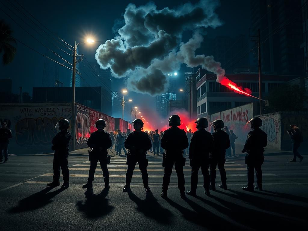Flick International A tense urban scene in Los Angeles with police officers and protesters amidst unrest