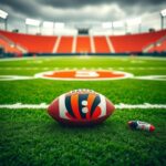 Flick International Close-up of a vibrant football field with the Cincinnati Bengals logo in the end zone and a football resting on the turf