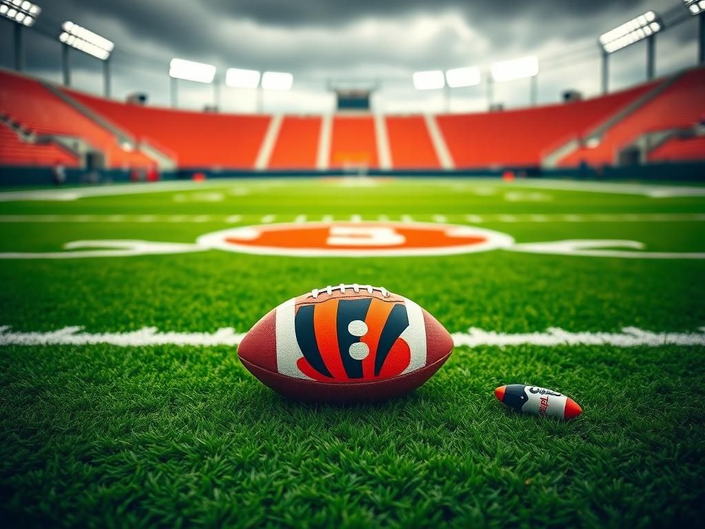 Flick International Close-up of a vibrant football field with the Cincinnati Bengals logo in the end zone and a football resting on the turf