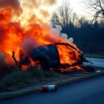 Flick International burning vehicle engulfed in flames on the side of a rural road in Chester, New York