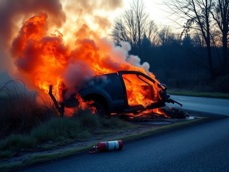 Flick International burning vehicle engulfed in flames on the side of a rural road in Chester, New York