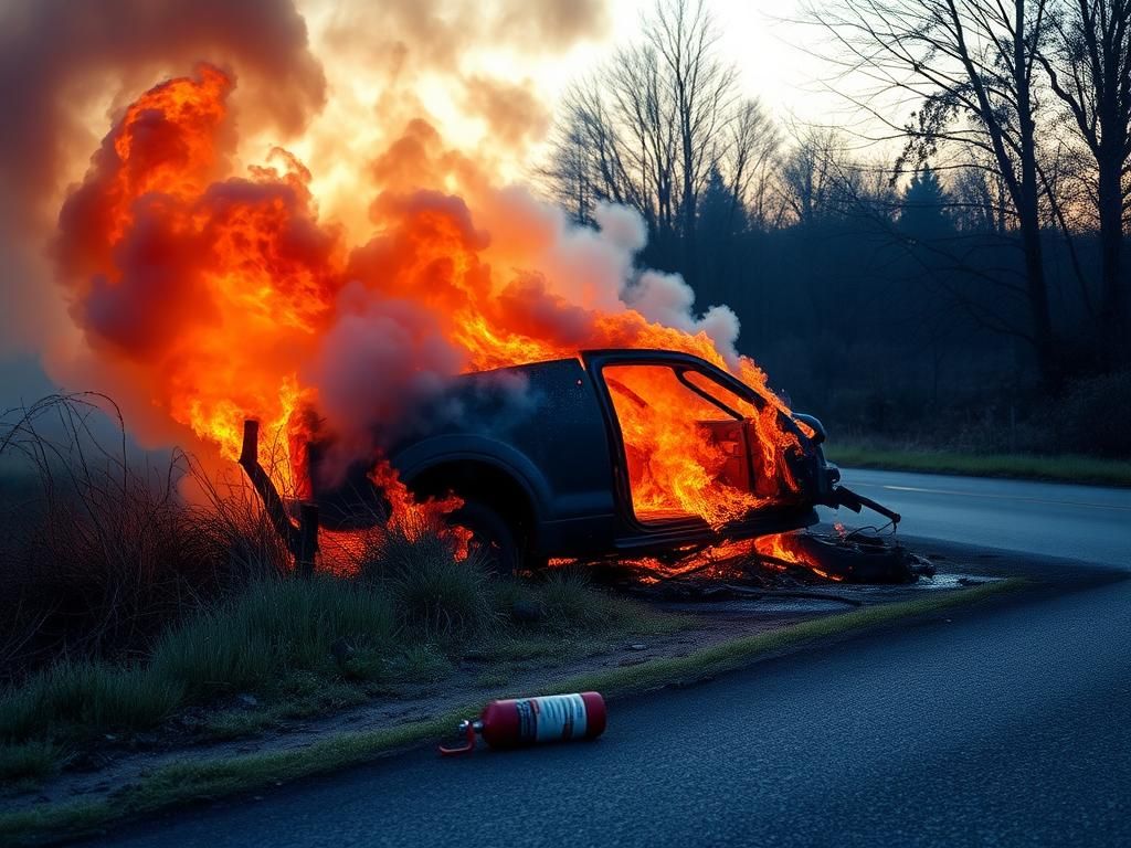 Flick International burning vehicle engulfed in flames on the side of a rural road in Chester, New York