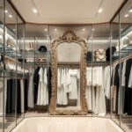 Flick International Kim Kardashian's luxurious glass-encased wardrobe showcasing organized monochromatic outfits and stylish accessories
