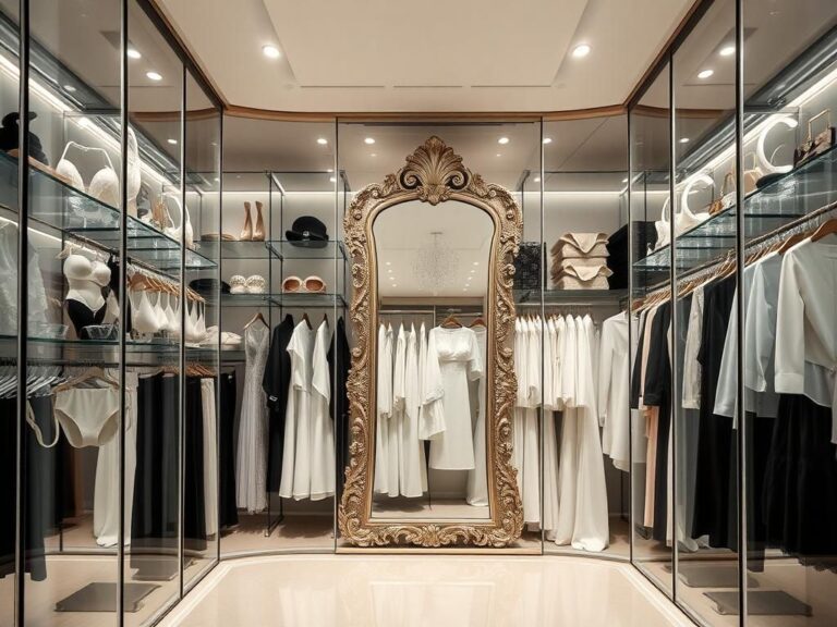 Flick International Kim Kardashian's luxurious glass-encased wardrobe showcasing organized monochromatic outfits and stylish accessories