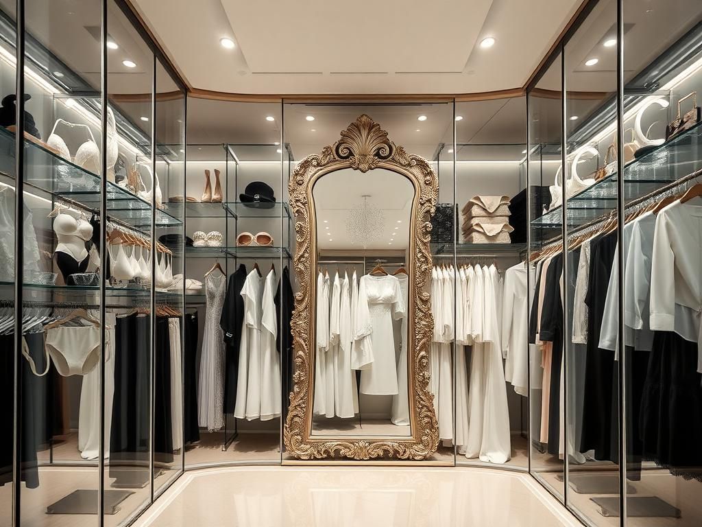 Flick International Kim Kardashian's luxurious glass-encased wardrobe showcasing organized monochromatic outfits and stylish accessories