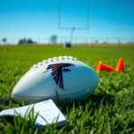 Flick International Close-up view of a football on a practice field with training cones and a playbook nearby
