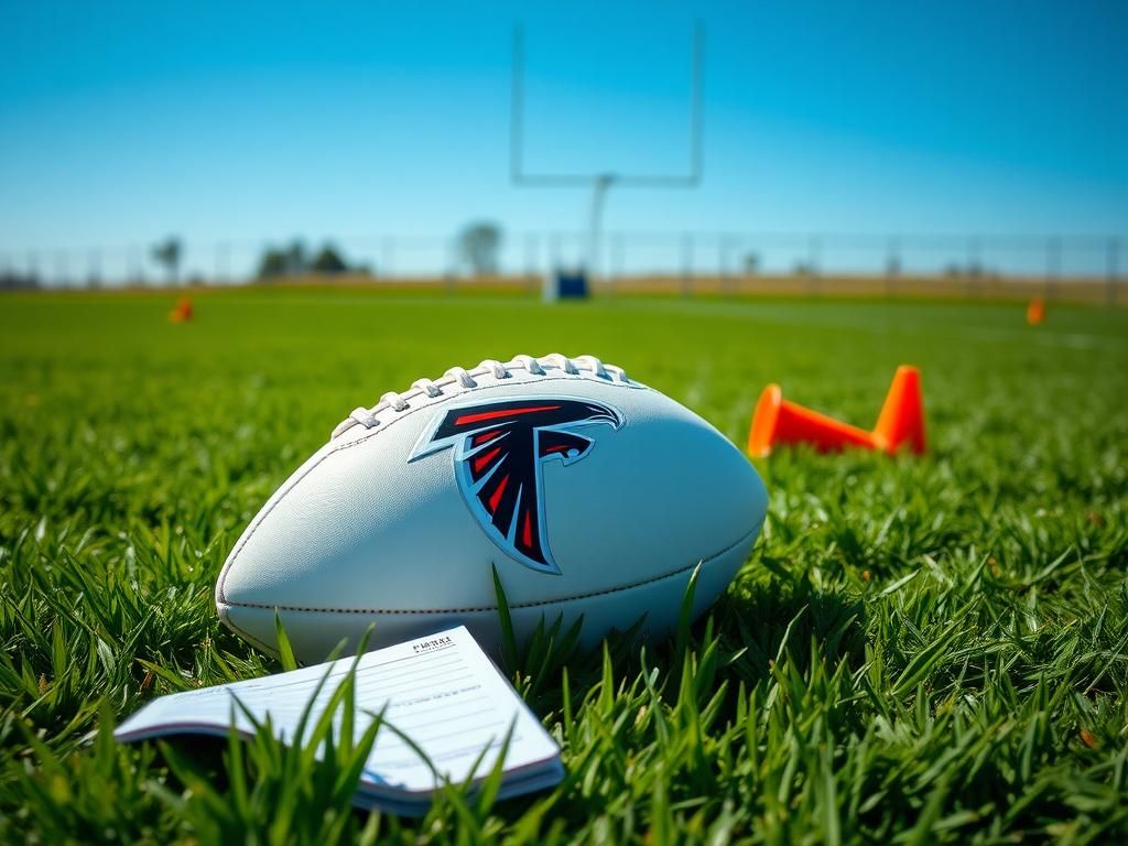 Flick International Close-up view of a football on a practice field with training cones and a playbook nearby