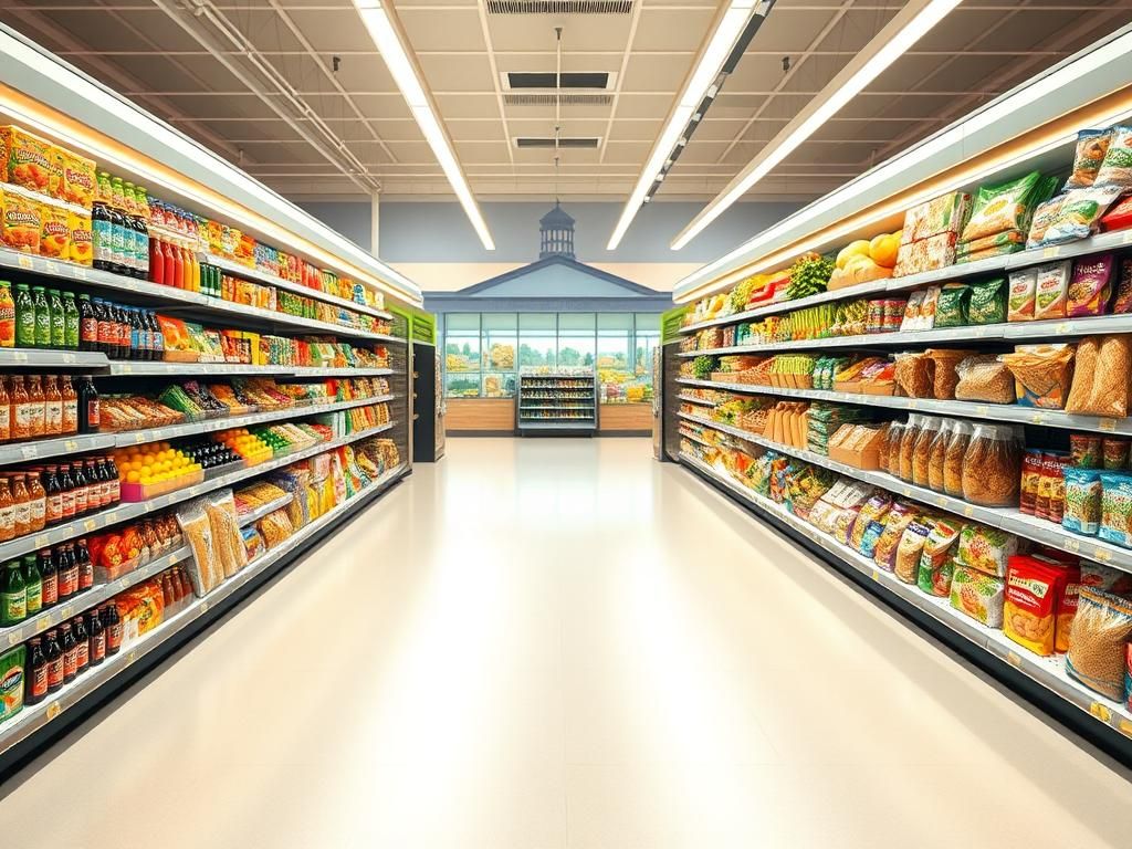 Flick International A vibrant grocery store aisle showcasing colorful fresh fruits and vegetables with empty spaces where junk food used to be.
