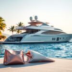 Flick International Luxurious yacht anchored in calm blue waters with palm trees in the background