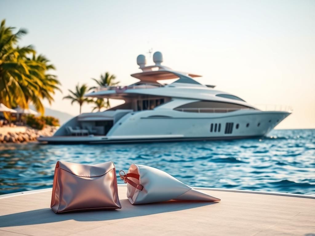 Flick International Luxurious yacht anchored in calm blue waters with palm trees in the background