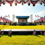 Flick International A vibrant scene at Fort Bragg with American flags and a decorated stage