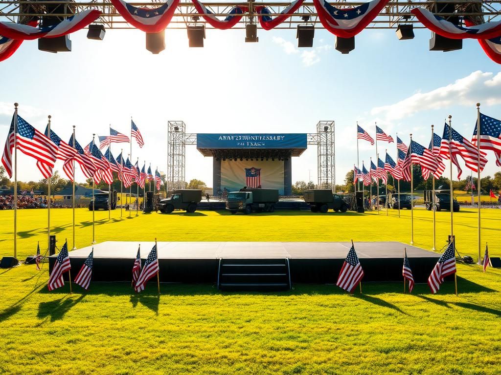 Flick International A vibrant scene at Fort Bragg with American flags and a decorated stage
