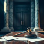 Flick International A dramatic courtroom scene with marble columns and a wooden gavel on a bench