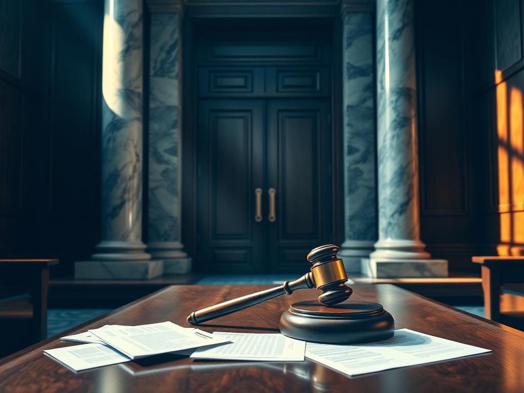 Flick International A dramatic courtroom scene with marble columns and a wooden gavel on a bench