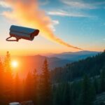 Flick International A high-tech AI camera scanning a mountainous forest landscape for wildfire detection.