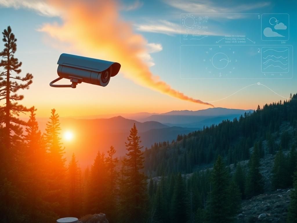 Flick International A high-tech AI camera scanning a mountainous forest landscape for wildfire detection.
