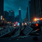 Flick International Chaotic urban scene in downtown Chicago after anti-ICE protest with overturned protest signs and debris