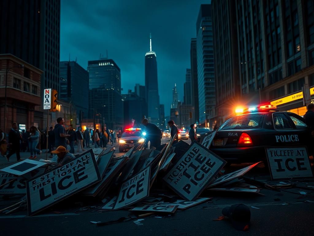 Flick International Chaotic urban scene in downtown Chicago after anti-ICE protest with overturned protest signs and debris