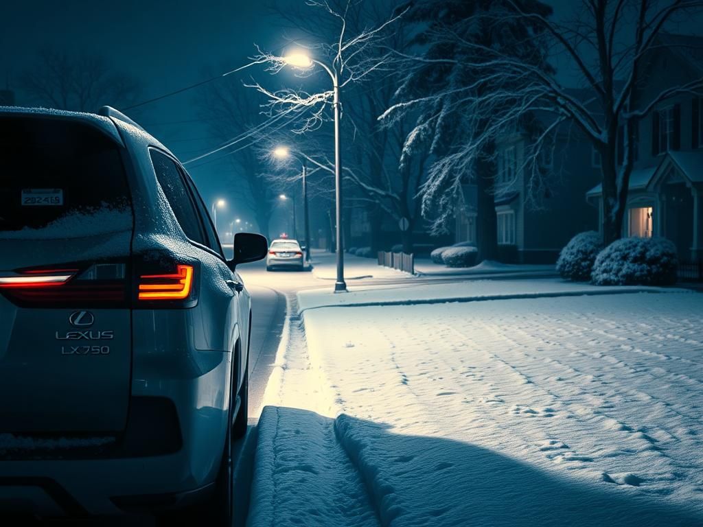 Flick International A 2021 Lexus LX 570 parked on a snowy residential street at night