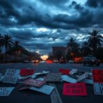 Flick International Urban landscape of Los Angeles at dusk with protest remnants
