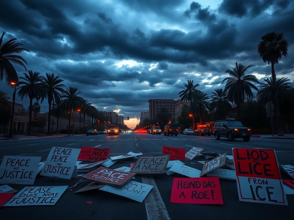 Flick International Urban landscape of Los Angeles at dusk with protest remnants